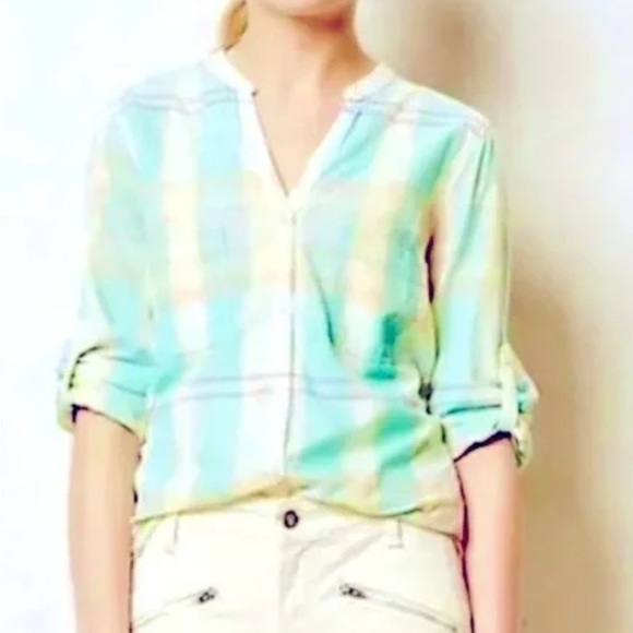 HOLDING HORSES  Size 2 Multicolor Plaid Button Down Shirt V Neck Long Sleeve - Picture 1 of 12